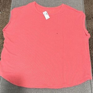Vibrant Coral Ribbed Short Sleeve Top
